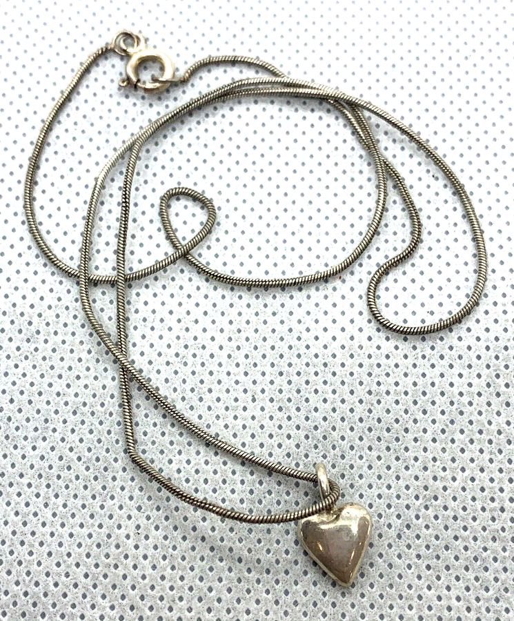 Antique Vintage Art Deco Solid Silver Heart Pendant Solid Silver Snake Chain Hallmarked