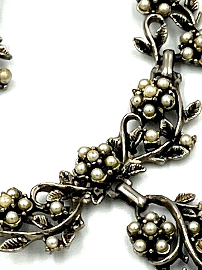 Antique Vintage Silver  Art Nouveau Necklace Set with Pearls and Matching Brooch