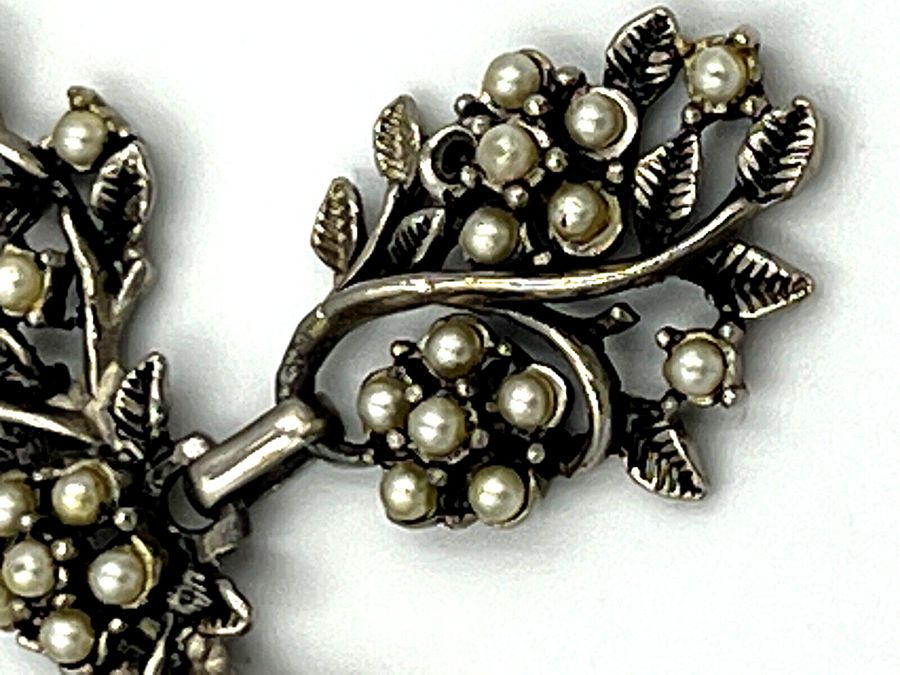 Antique Vintage Silver  Art Nouveau Necklace Set with Pearls and Matching Brooch