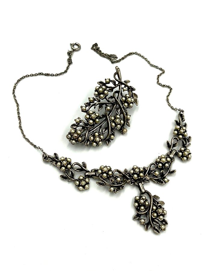 Antique Vintage Silver  Art Nouveau Necklace Set with Pearls and Matching Brooch