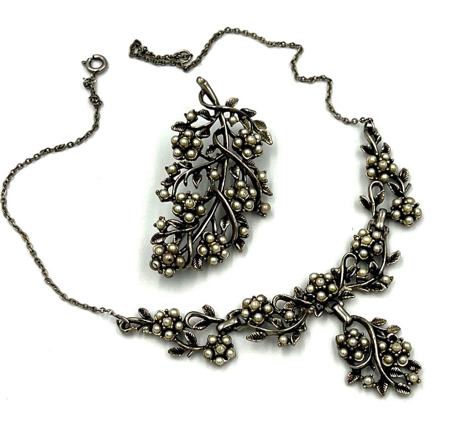 Antique Vintage Silver  Art Nouveau Necklace Set with Pearls and Matching Brooch