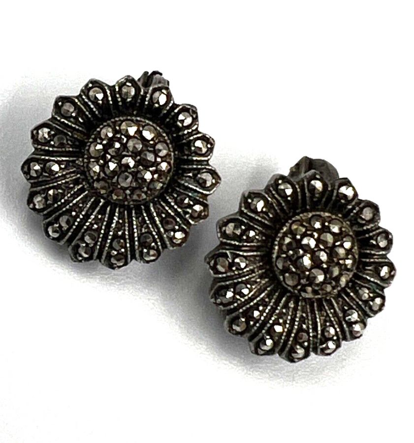 Antique Antique 800 Silver Art Deco Pair Clip On Earrings Set with Marcasite