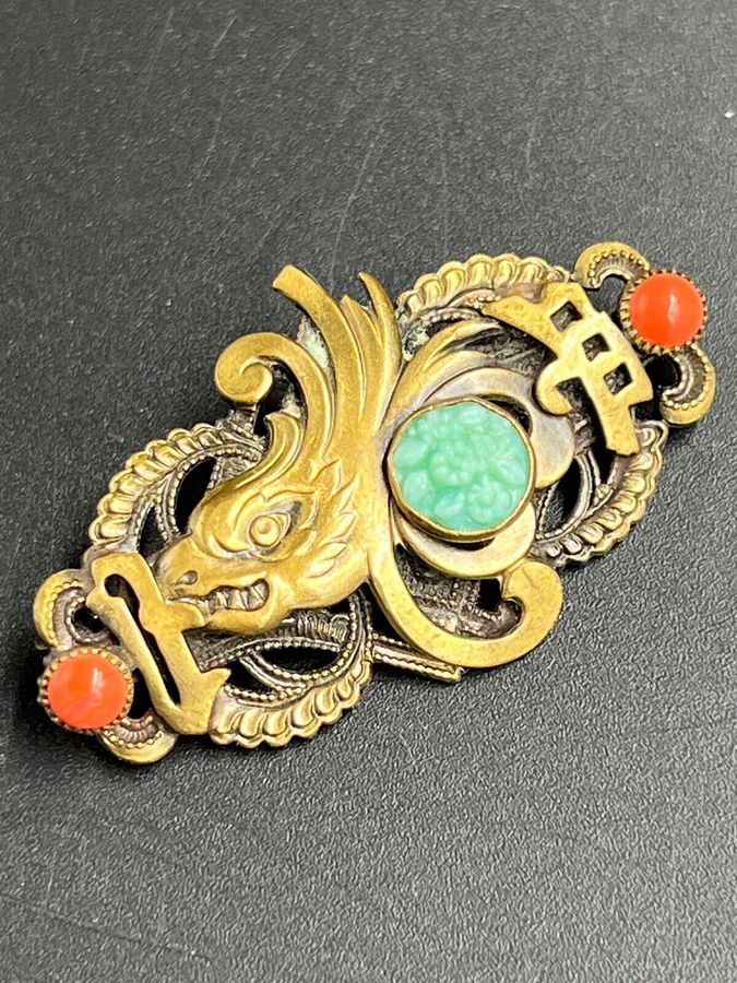 Antique Brooch Max Neiger Peking Glass Dragon and Pearl