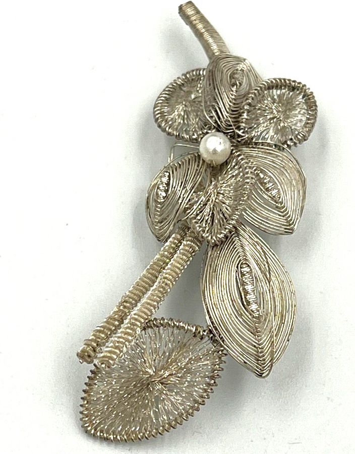 Antique Vintage White Metal Hand Worked Floral Brooch