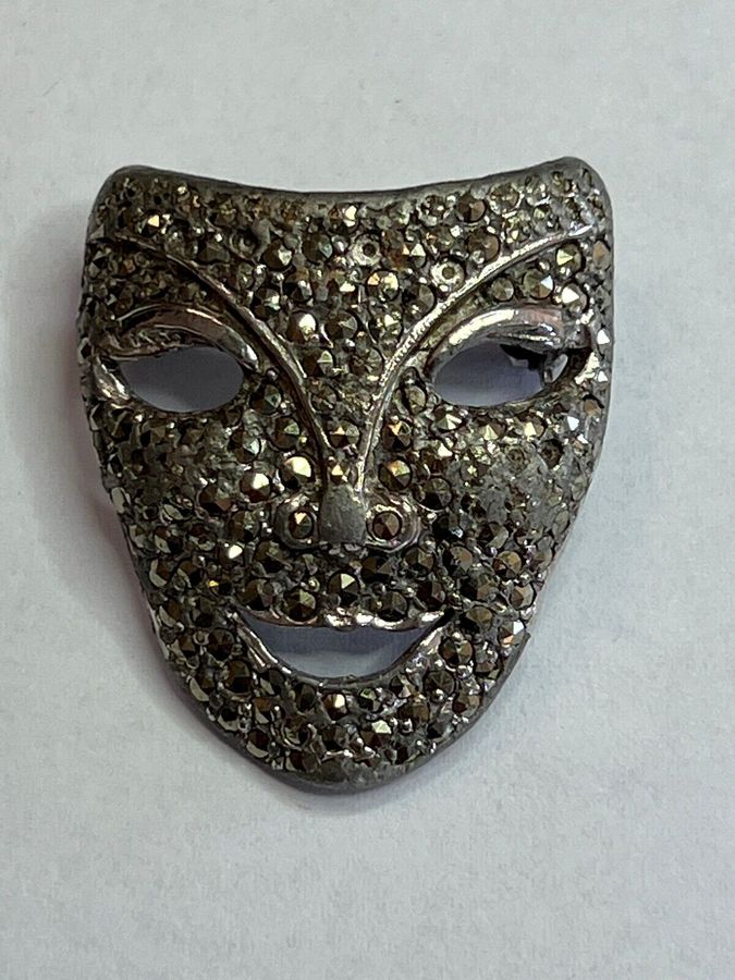 Antique Vintage Comedy and Tragedy Masks Brooch Pin Diamante