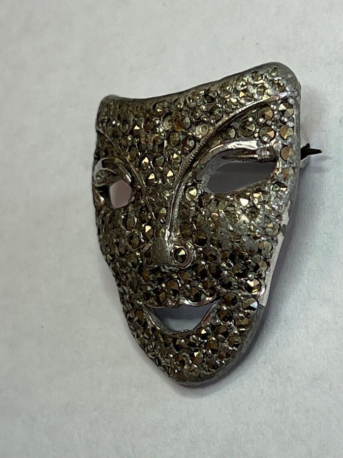 Antique Vintage Comedy and Tragedy Masks Brooch Pin Diamante