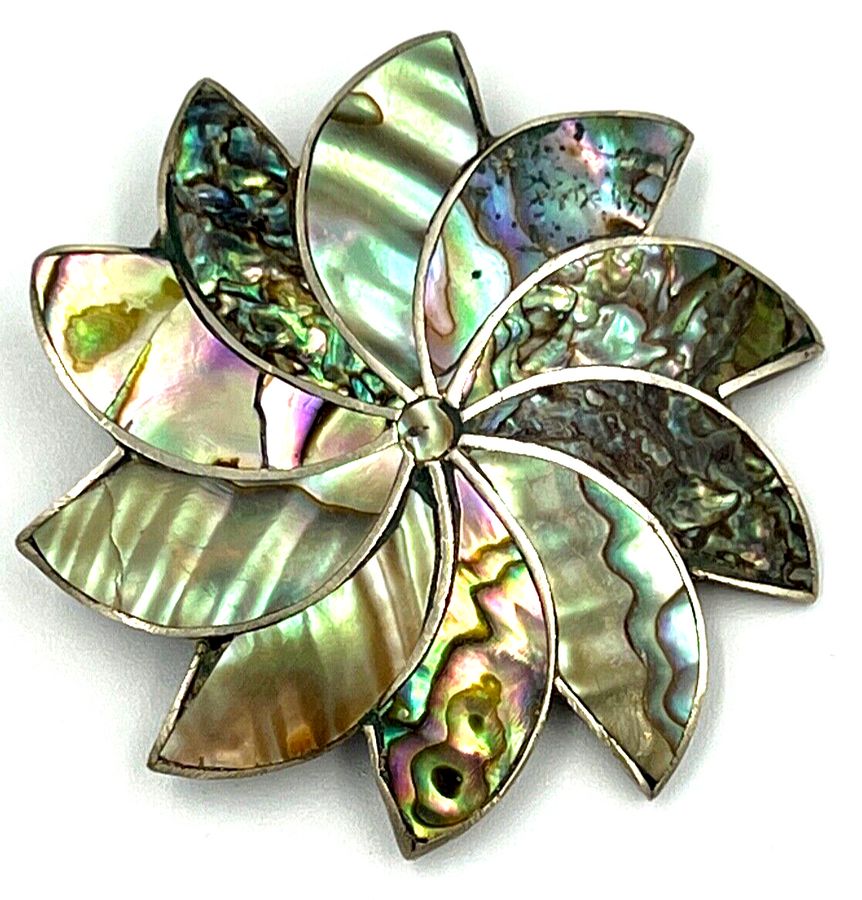 Antique Mexico Silver Mother of Pearl & Abalone Shell Brooch Pendant Starburst