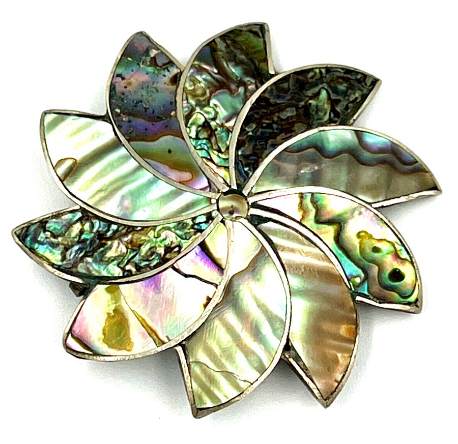 Antique Mexico Silver Mother of Pearl & Abalone Shell Brooch Pendant Starburst