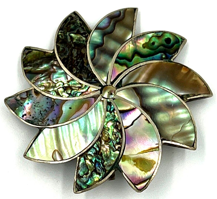 Antique Mexico Silver Mother of Pearl & Abalone Shell Brooch Pendant Starburst