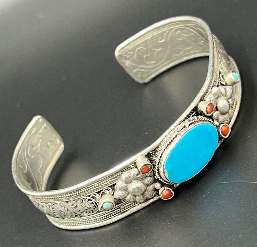 Antique Antique Solid Silver Hand Made Bangle Bracelet set with Turquoise and Corals