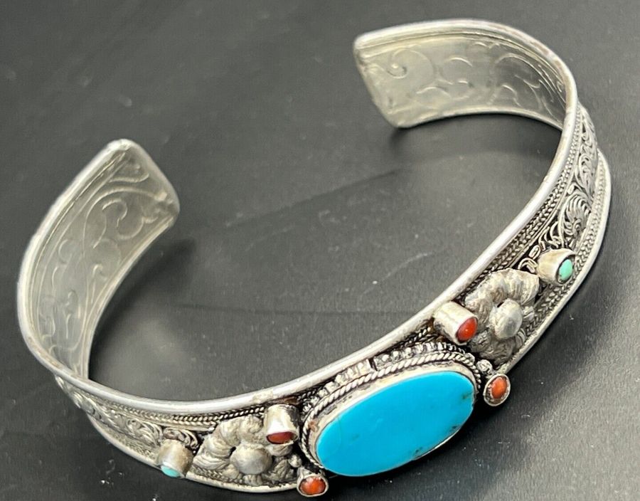 Antique Antique Solid Silver Hand Made Bangle Bracelet set with Turquoise and Corals