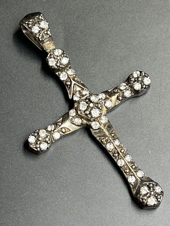 Antique Antique Hallmarked Large Silver Cross Crucifix Czech Clear Stones Articulated