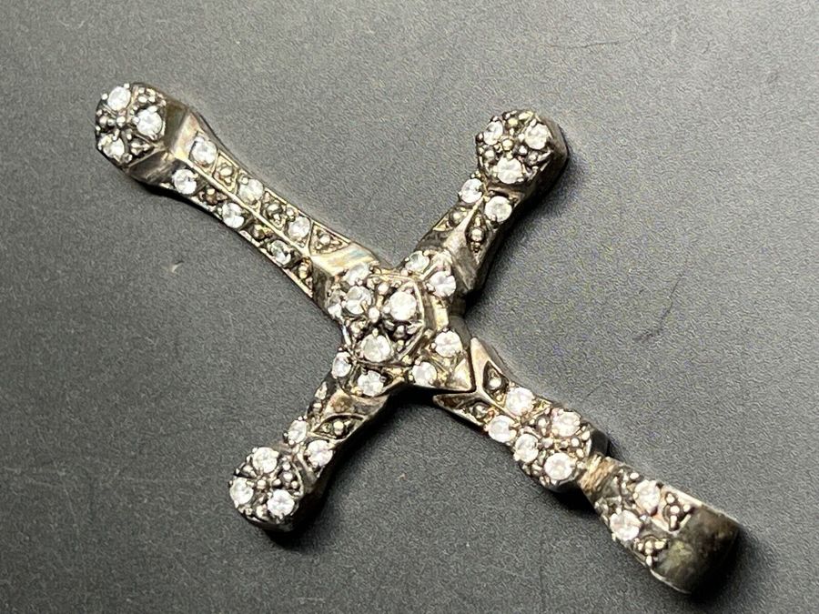 Antique Antique Hallmarked Large Silver Cross Crucifix Czech Clear Stones Articulated