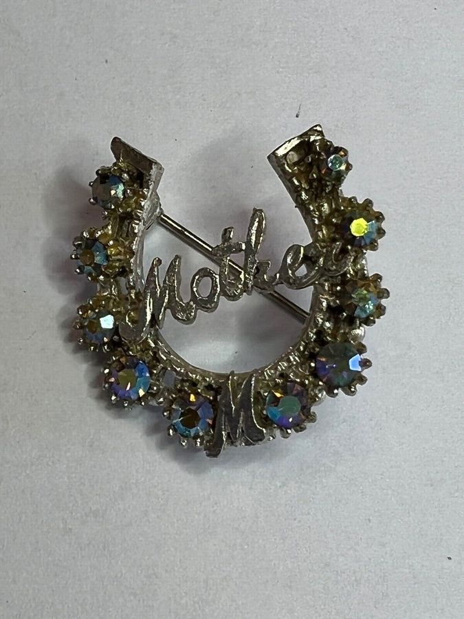 Antique Antique Horseshoe Brooch Pin Set with Clear Aurora Borealis Stones 'Mother'