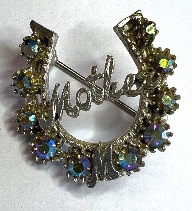 Antique Antique Horseshoe Brooch Pin Set with Clear Aurora Borealis Stones 'Mother'