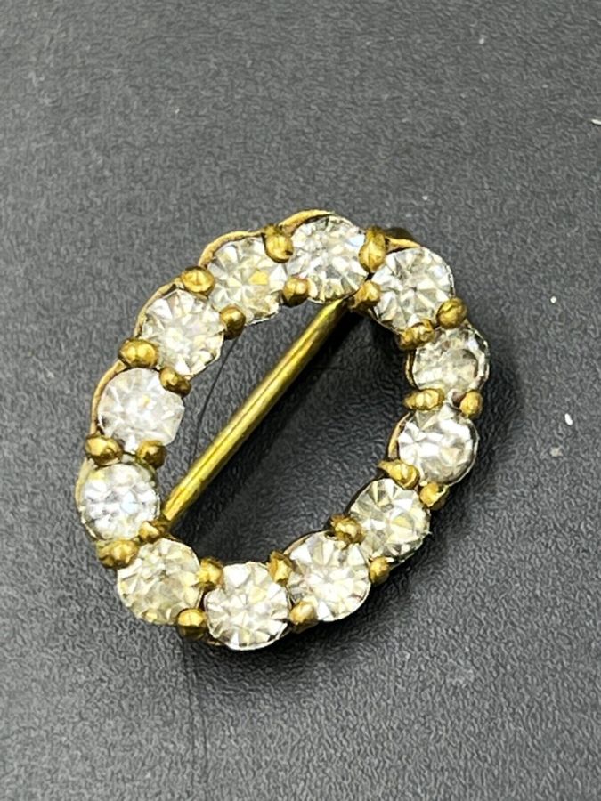 Antique Antique Art Deco Miniature Oval Brooch Pin Set with Czech Clear Stones