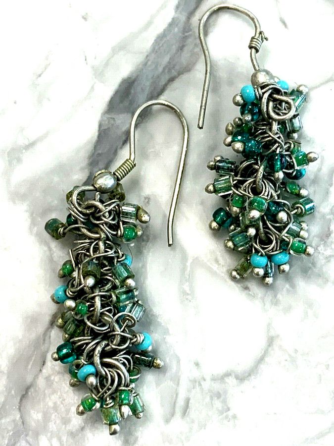 Antique Solid Silver Earrings Czech Blue and Czech Green Antique Art Deco Pierced Ears