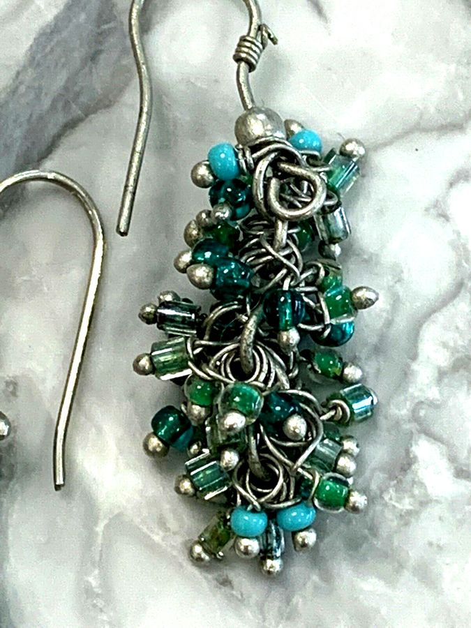 Antique Solid Silver Earrings Czech Blue and Czech Green Antique Art Deco Pierced Ears