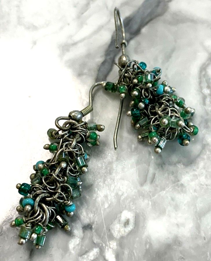 Antique Solid Silver Earrings Czech Blue and Czech Green Antique Art Deco Pierced Ears