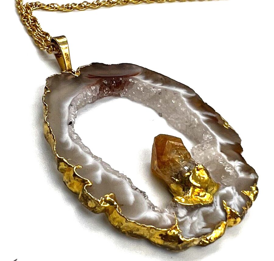 Antique Vintage Crystal & Citrine Gold Plated Pendant on Plated Chain