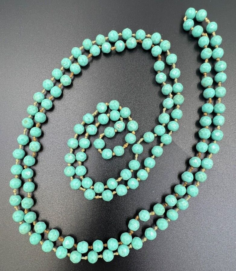 Antique Antique Flapper Faceted Necklace Art Deco Extra Long Czech Turquoise