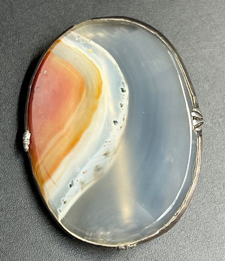 Antique Antique Victorian Solid Silver And Banded Agate Brooch Large Oval