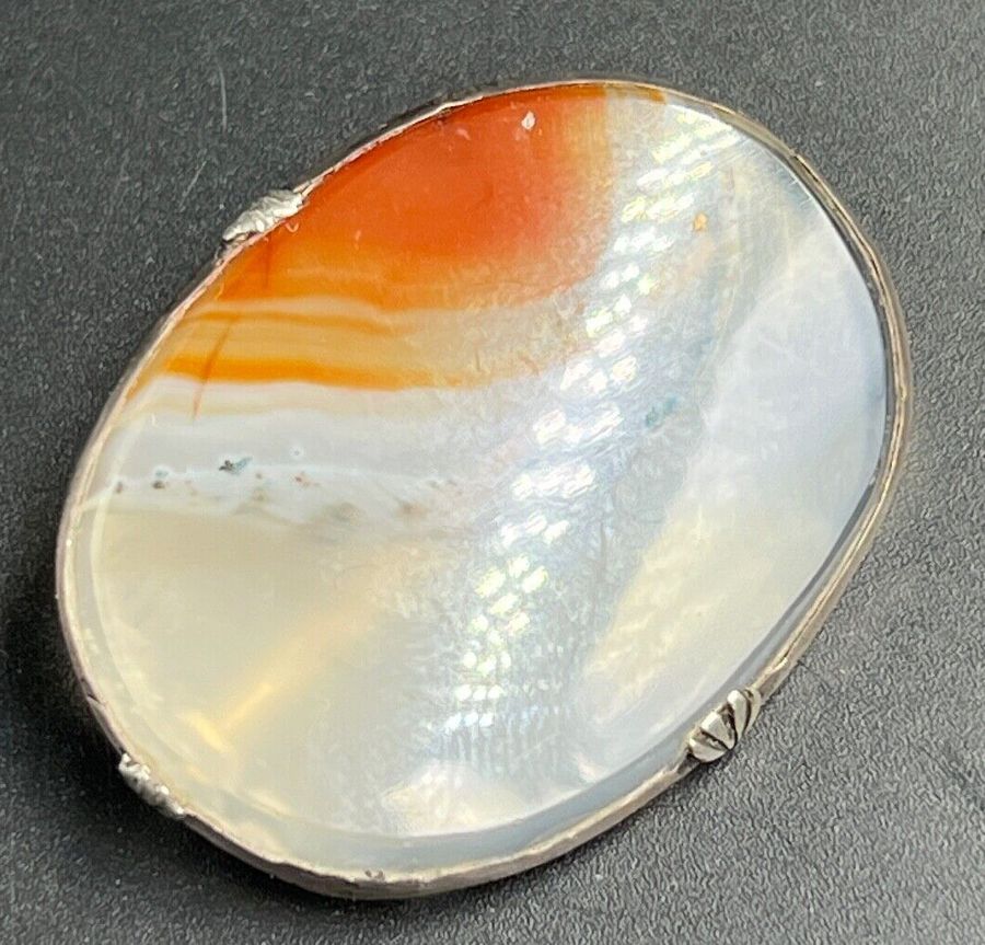 Antique Antique Victorian Solid Silver And Banded Agate Brooch Large Oval