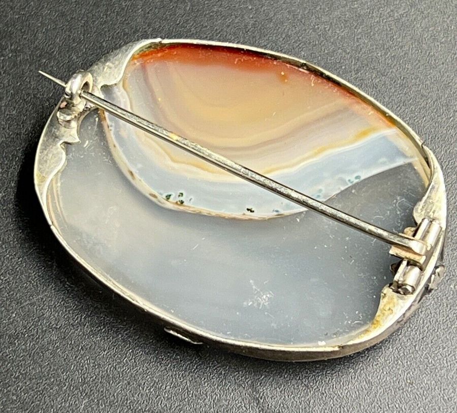 Antique Antique Victorian Solid Silver And Banded Agate Brooch Large Oval