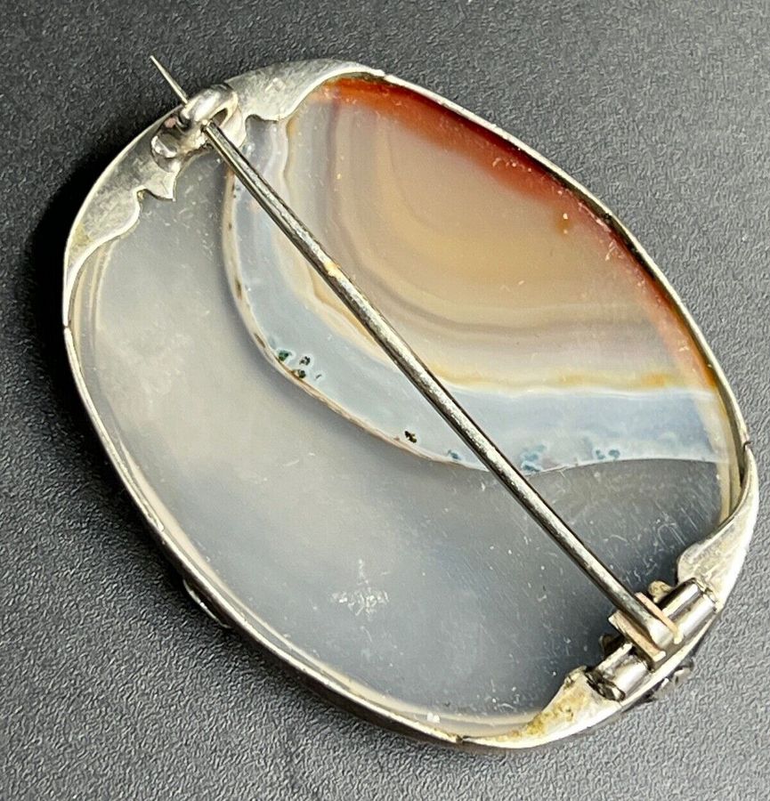 Antique Antique Victorian Solid Silver And Banded Agate Brooch Large Oval