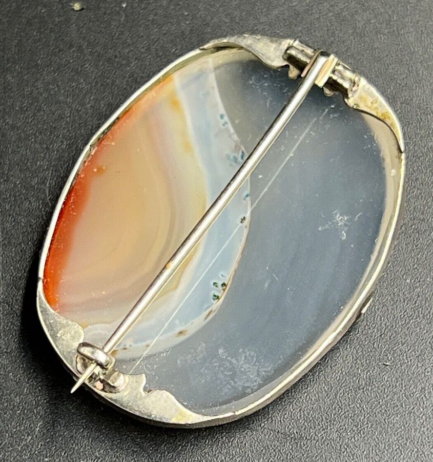 Antique Antique Victorian Solid Silver And Banded Agate Brooch Large Oval