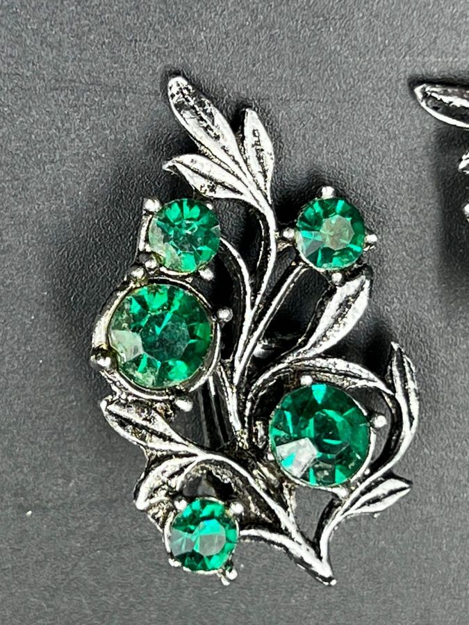 Antique Vintage Large Czech Green Earrings Clip On Leaf Shaped