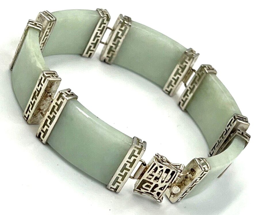 Antique Chinese Vintage Celadon Jade & Silver Hinged Bracelet Double Safety Clasp