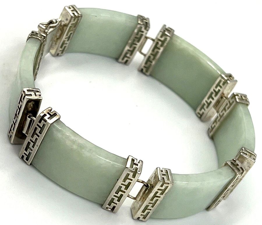 Antique Chinese Vintage Celadon Jade & Silver Hinged Bracelet Double Safety Clasp