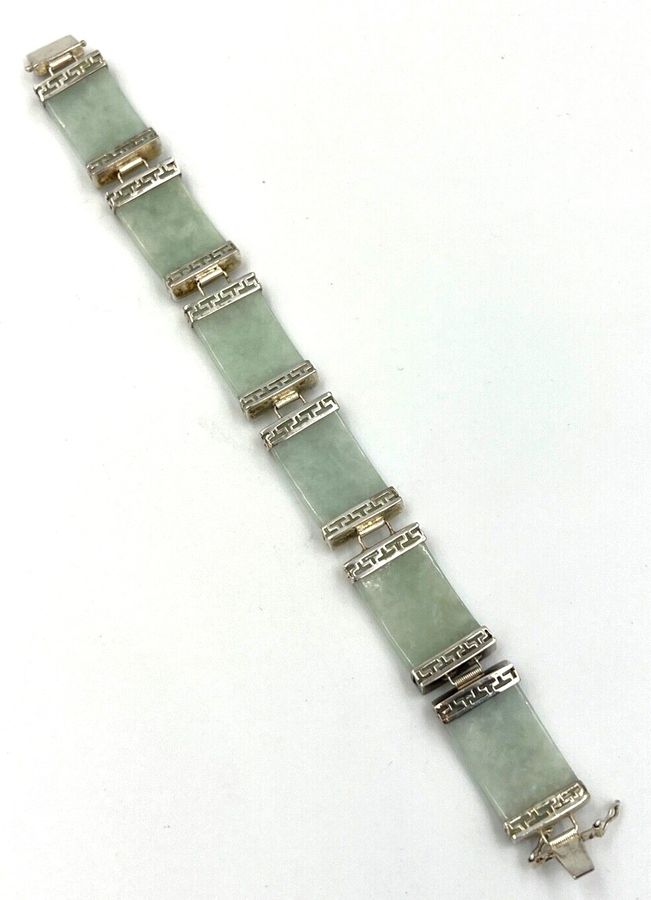 Antique Chinese Vintage Celadon Jade & Silver Hinged Bracelet Double Safety Clasp