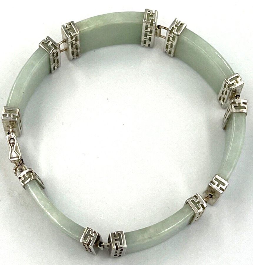 Antique Chinese Vintage Celadon Jade & Silver Hinged Bracelet Double Safety Clasp