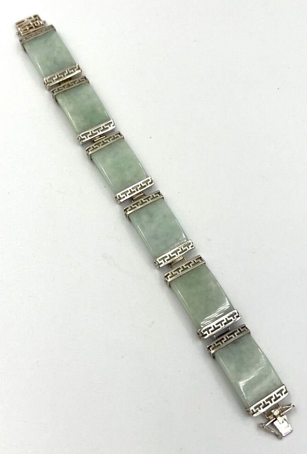 Antique Chinese Vintage Celadon Jade & Silver Hinged Bracelet Double Safety Clasp