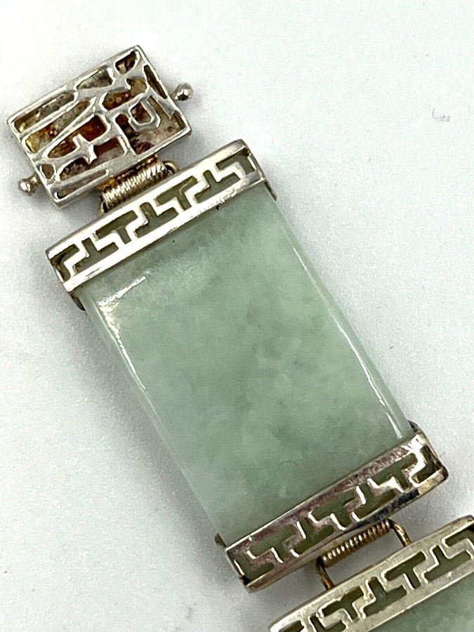 Antique Chinese Vintage Celadon Jade & Silver Hinged Bracelet Double Safety Clasp