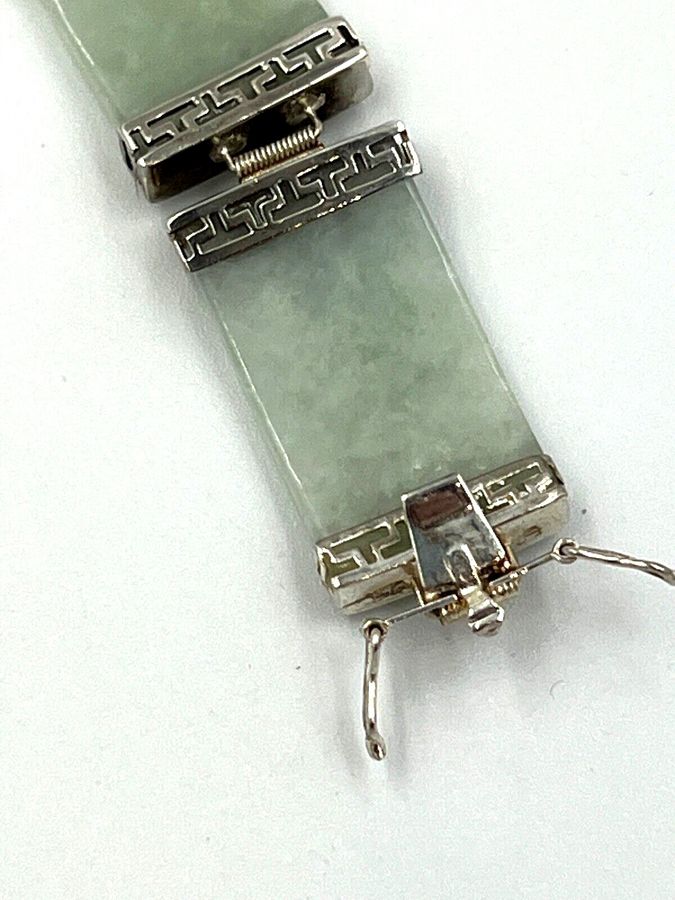 Antique Chinese Vintage Celadon Jade & Silver Hinged Bracelet Double Safety Clasp