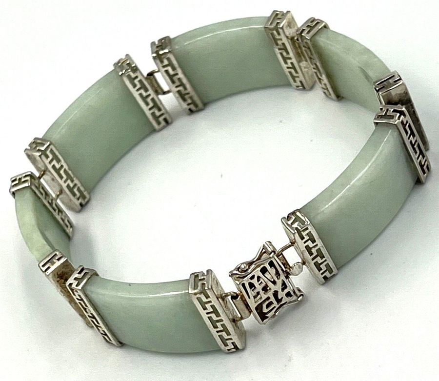 Antique Chinese Vintage Celadon Jade & Silver Hinged Bracelet Double Safety Clasp