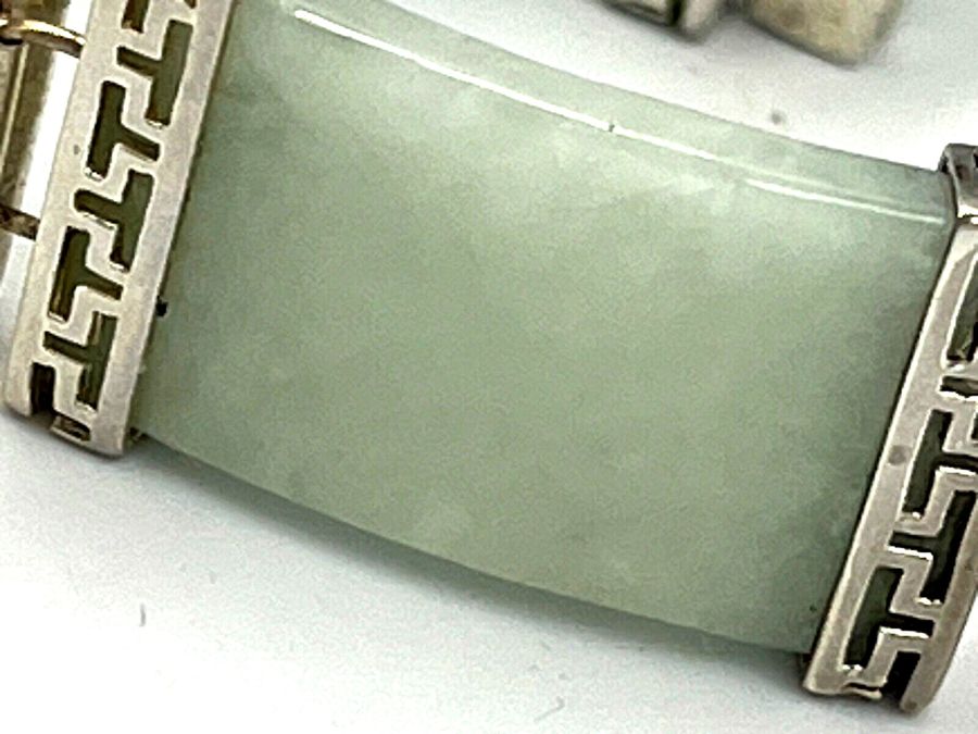 Antique Chinese Vintage Celadon Jade & Silver Hinged Bracelet Double Safety Clasp