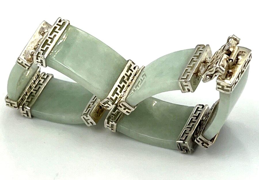 Antique Chinese Vintage Celadon Jade & Silver Hinged Bracelet Double Safety Clasp