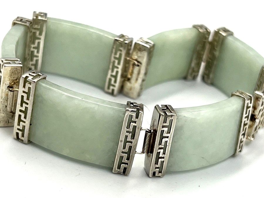 Antique Chinese Vintage Celadon Jade & Silver Hinged Bracelet Double Safety Clasp