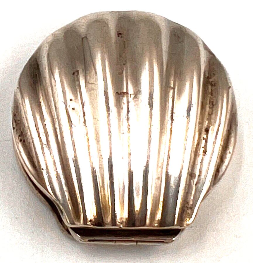 Antique Vintage Sterling Silver Shell Shaped Hinged Pill Box Hallmarked  London  DP 1938