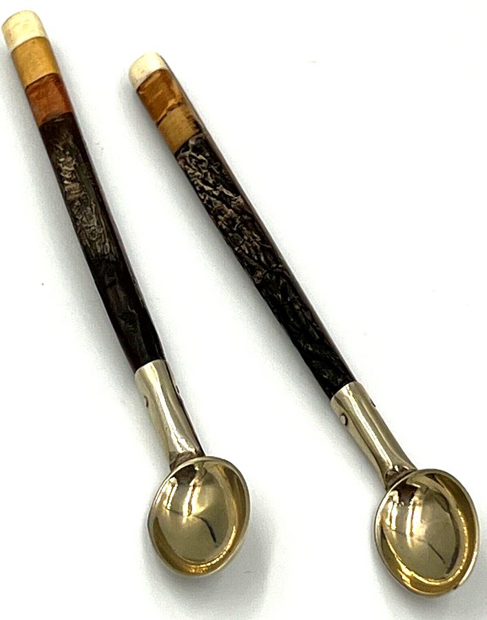 Antique Antique Pair Banded Horn and Solid Silver Hand Made Tea Coffee Spoons