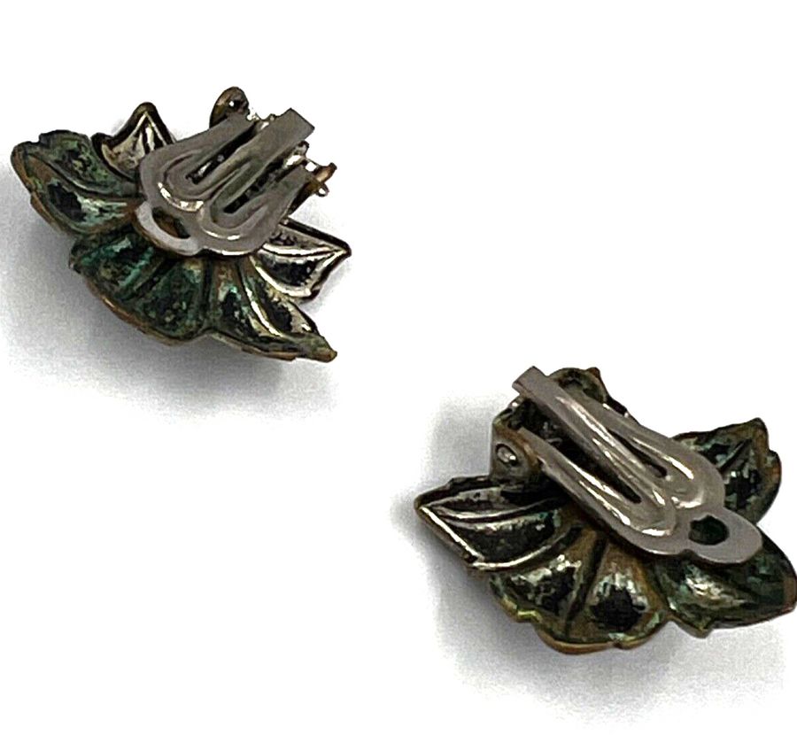 Antique Antique Silver  Plated Art Deco Pair Clip On Earrings Set with Czech Clear Stone