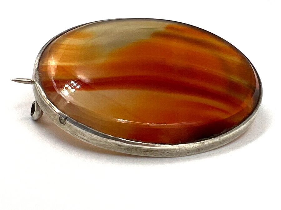 Antique Antique Victorian Solid Silver Banded Agate Brooch Large Oval