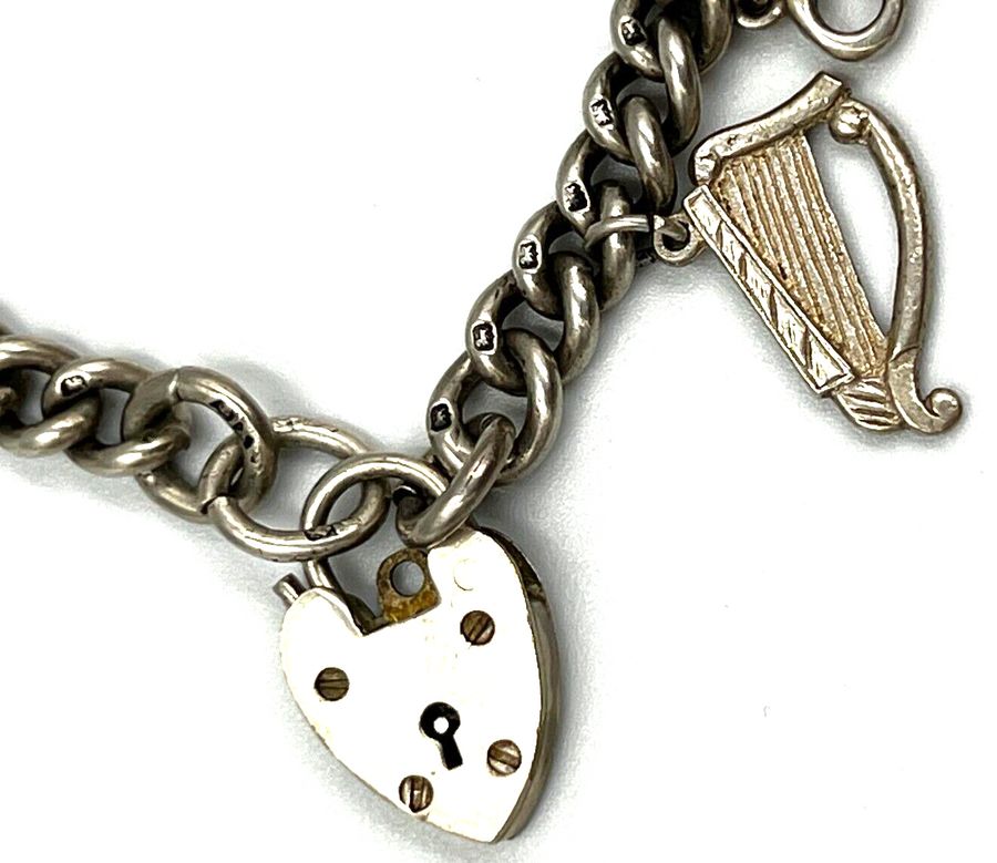 Antique Antique Sterling Silver Chain Bracelet Padlock Clasp and 5 Silver Charms