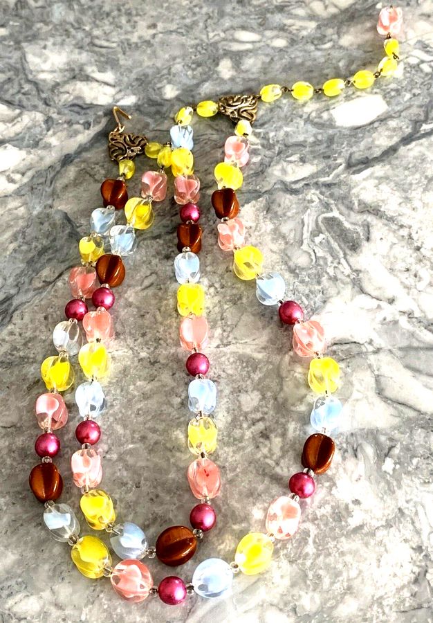 Antique Vintage Art Deco Czech Glass Bead Multicolour  Necklace 2 Rows