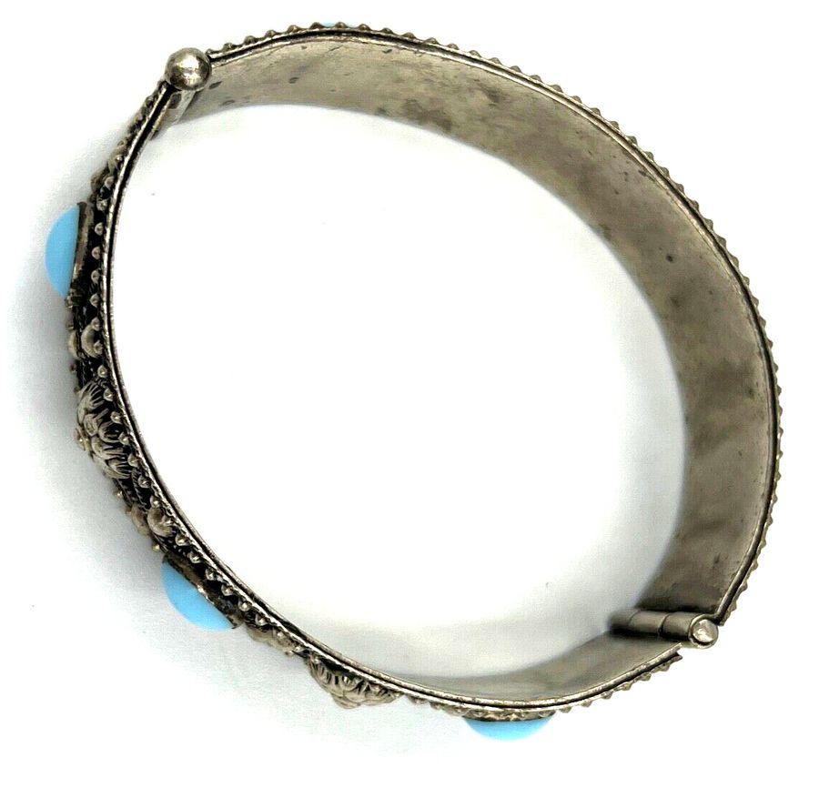 Antique Antique Silver Bangle Bracelet with Czech Turquoise Cabochons