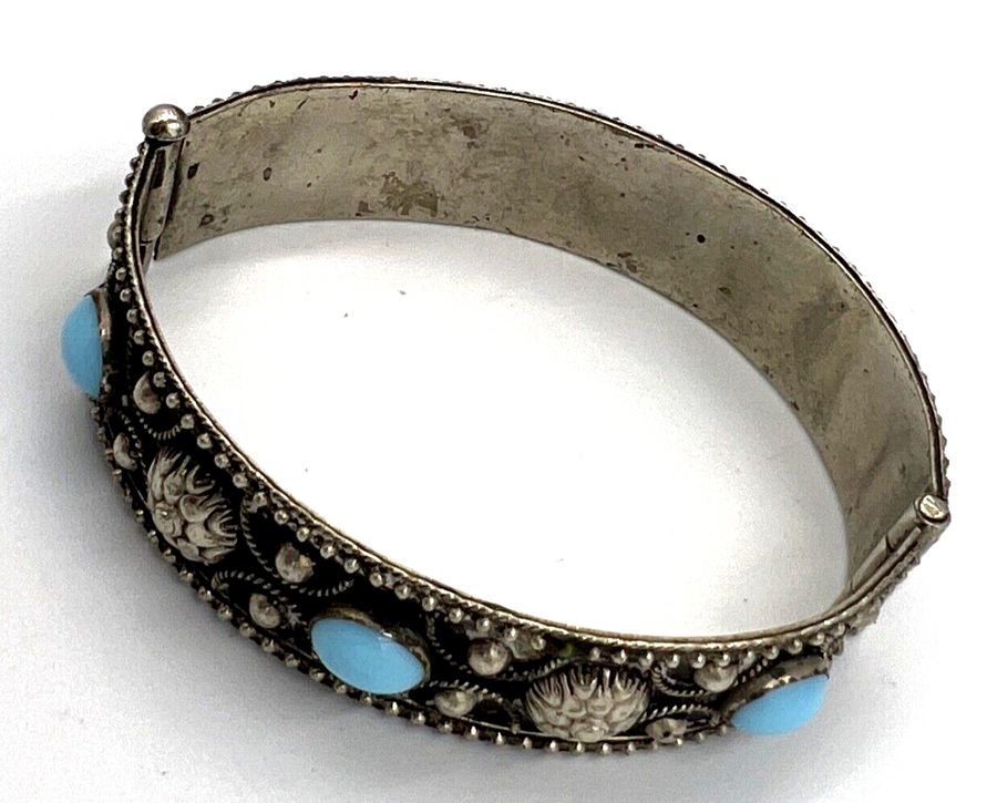 Antique Antique Silver Bangle Bracelet with Czech Turquoise Cabochons